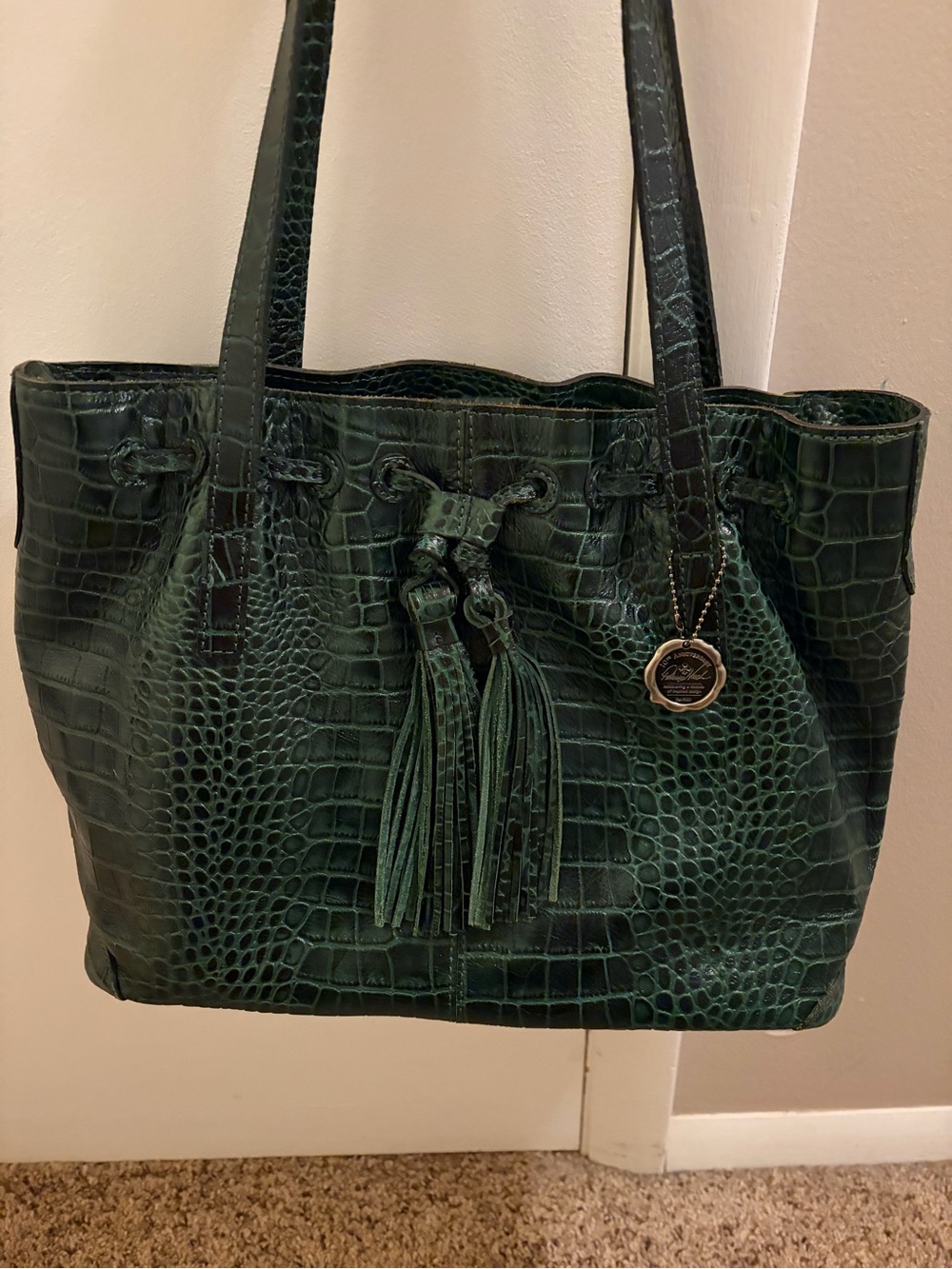 Patricia Nash 10th Anniversary Witney Drawstring Tote Green Croc Leather Bag